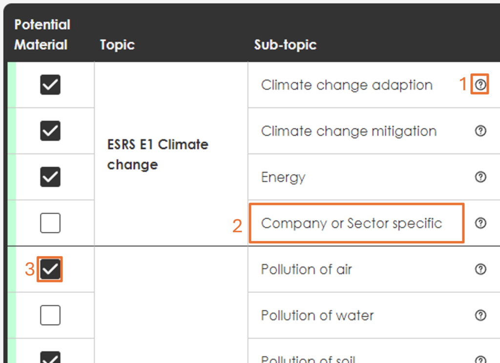 Add Potential material matters in Mencon model app. ESRS